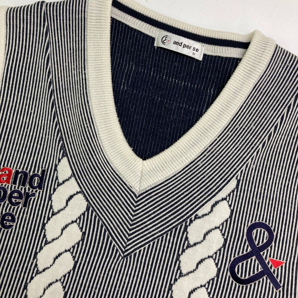 サイズ：M AND PER SE アンパスィ ニットベスト 刺繍 ストライプ