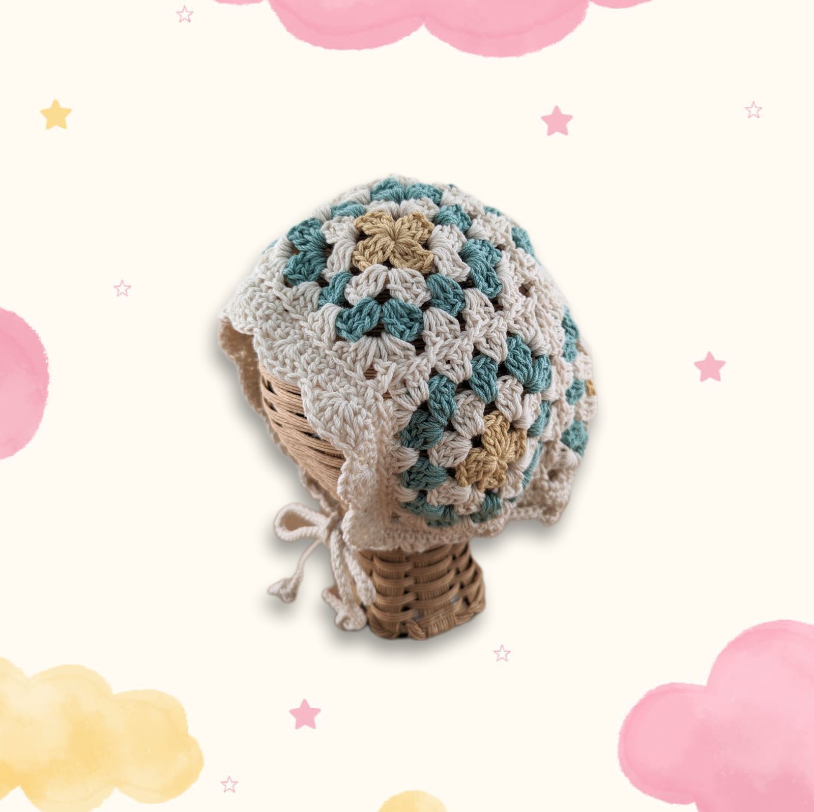 【ハンドメイド】ぷっくりお花のグラニースクエアボンネット ハンドメイド】ぷっくりお花のグラニースクエアボンネット