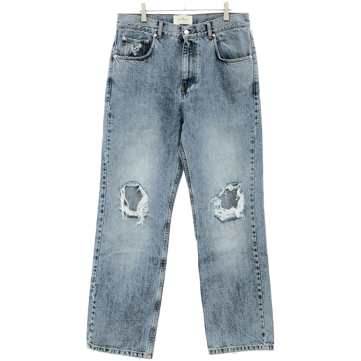SECOND LAYER セカンドレイヤー Destroyed Denim ニークラッシュワイドデニムパンツ  インディゴブルー 48