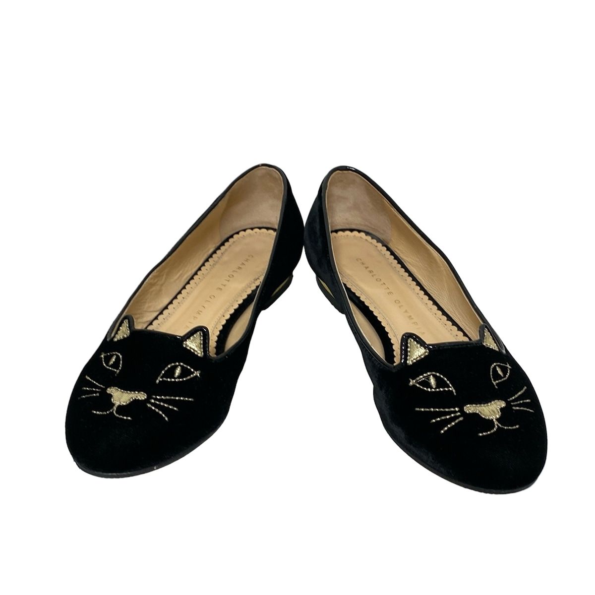 Charlotte Olympia シャーロットオリンピア フラットシューズ 35 1|2 レディース Kitty Flats 黒×ゴールド ネコ|アウトソール張替済