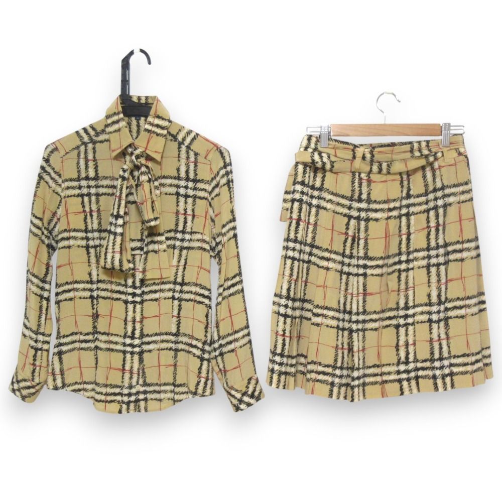 BURBERRY LONDON バーバリー ノバチェック柄 シルクシャツ ブラウス ラップスカート セットアップ 38 ベージュ レディース 古着