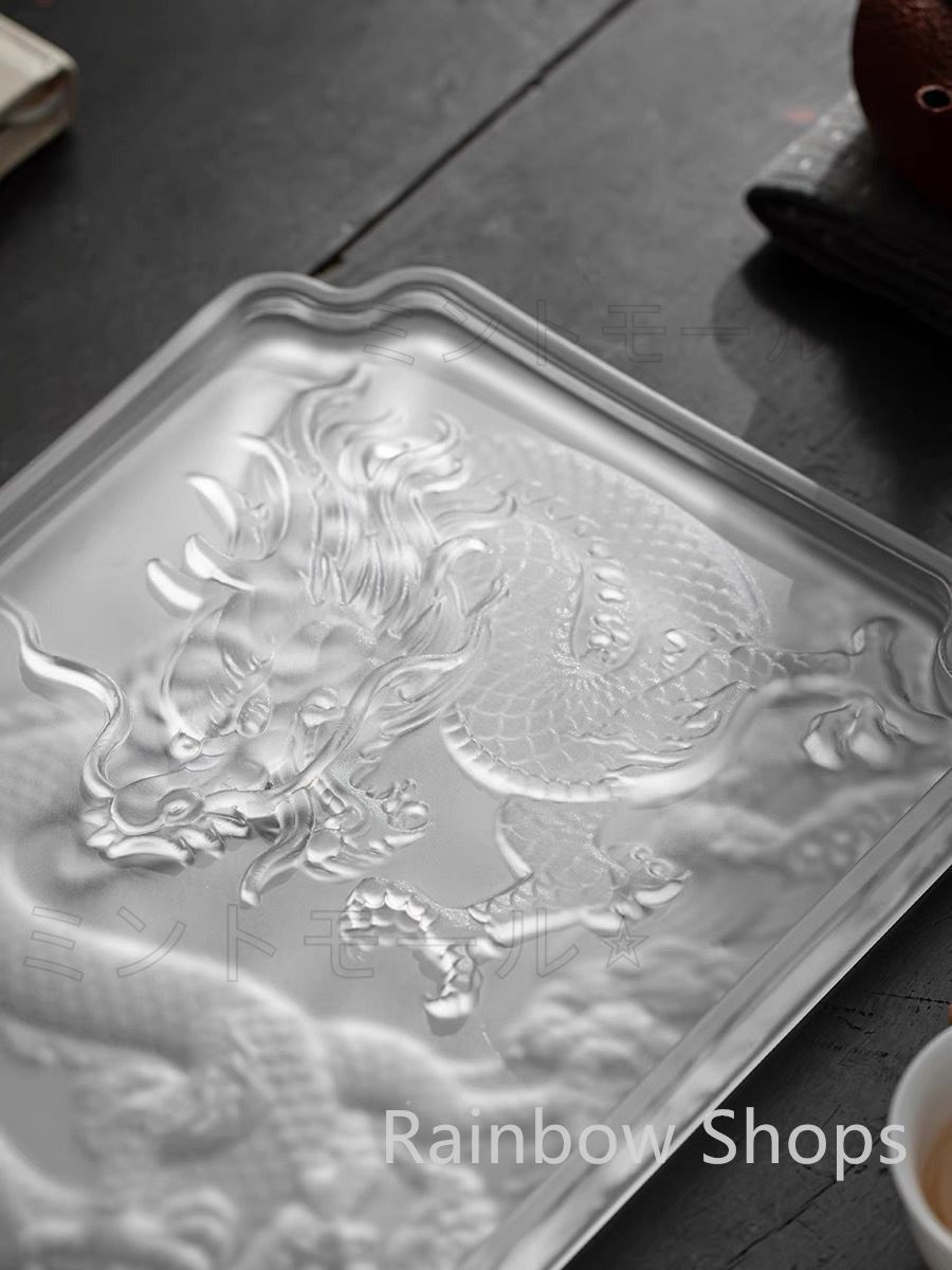 透明 トレー トレイ 龍紋 リュウ 瑠璃 ガラス 急須受台 急須置き 茶台 茶盤 ティートレー 茶道具 茶壺の受け皿