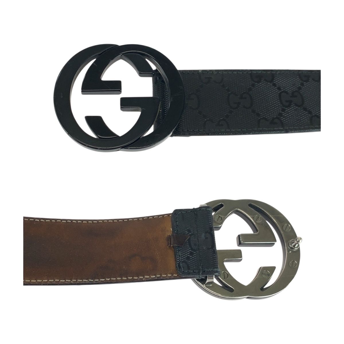 GUCCI ブラックレザーベルト GGロゴ　メンズ GUCCI グッチ インターロッキング ブラック 黒 ブラック金具