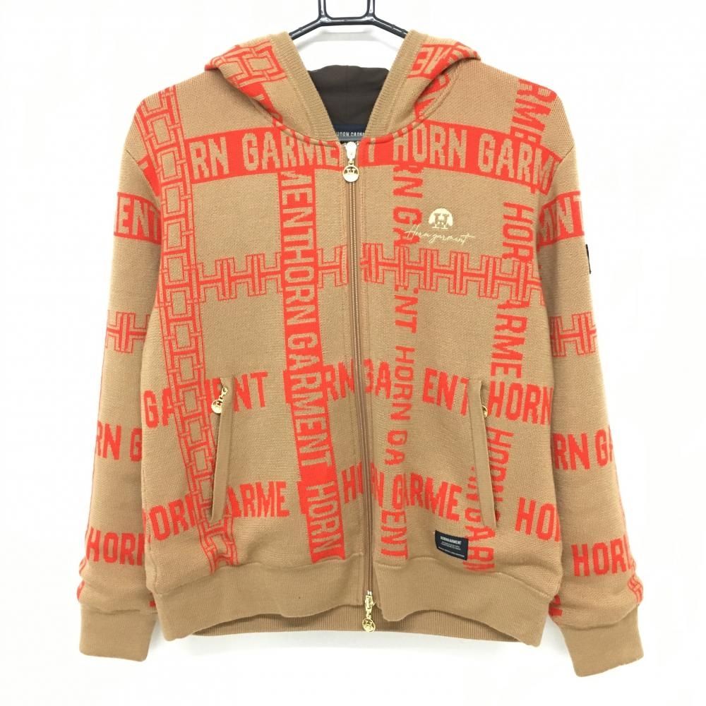 【超美品】ホーンガーメント ニットジップパーカー ライトブラウン×オレンジ ロゴ総柄 裏地付  レディース 40(L) ゴルフウェア MARK＆LONA