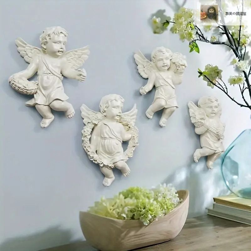 ウォールデコレーション 壁掛けオブジェ 壁掛け インテリア 天使 ホワイト ゴールド 4個セット ヴィンテージ調 アンティーク調 エレガント 樹脂製 リビング 廊下 インテリア クリスマス5-34 NEXPOTALLINN_EU