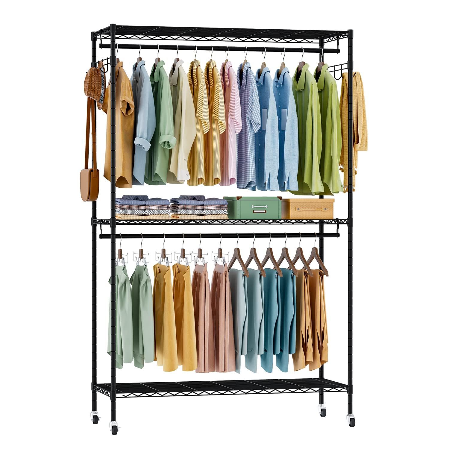 【数量限定】頑丈 ワードローブ 大容量 キャスター付き ハンガーラック 洋服ラック 棚付き 洋服掛け Huaniun スチールラック 幅120×奥45×高さ205cm…