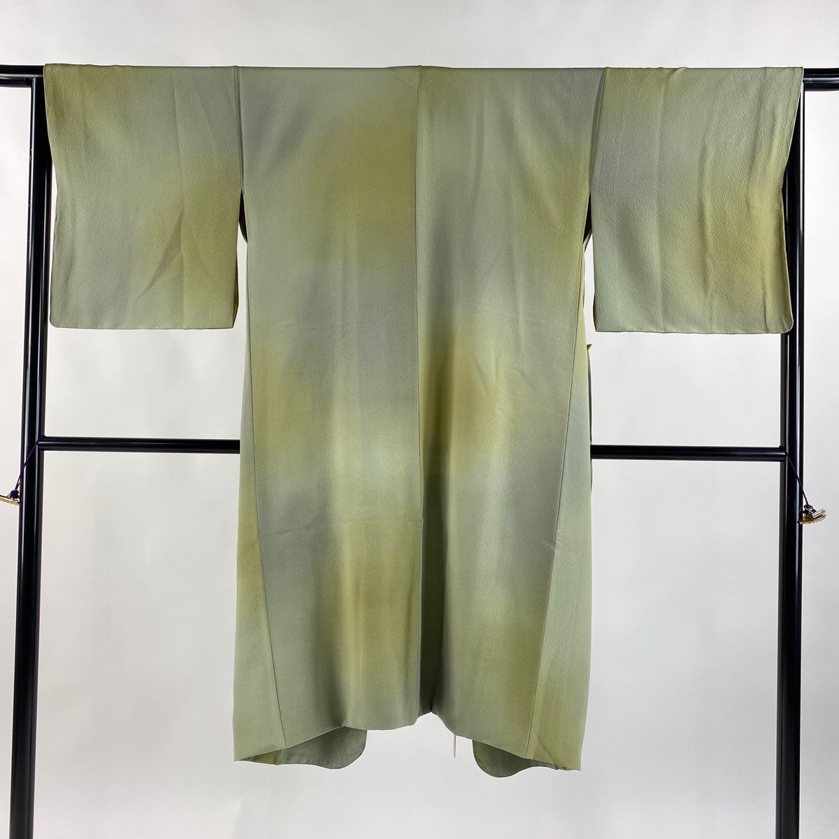 道中着 身丈115cm 裄丈66cm M 斉藤三才 和装コート 着物衿 落款 ぼかし柄 縮緬 灰緑 正絹