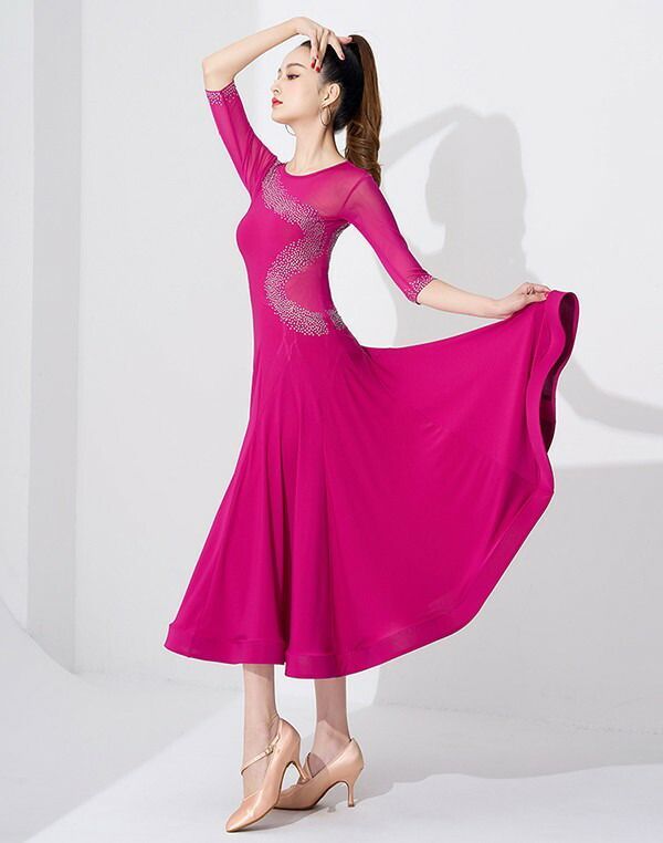 社交ダンス衣装 ワンピース 社交ダンス ワンピース 練習用 広がる裾 ワルツ ワンピース ステージ衣装 演奏会 発表会用 練習競技 ワルツダンス服 タンゴ 五分袖