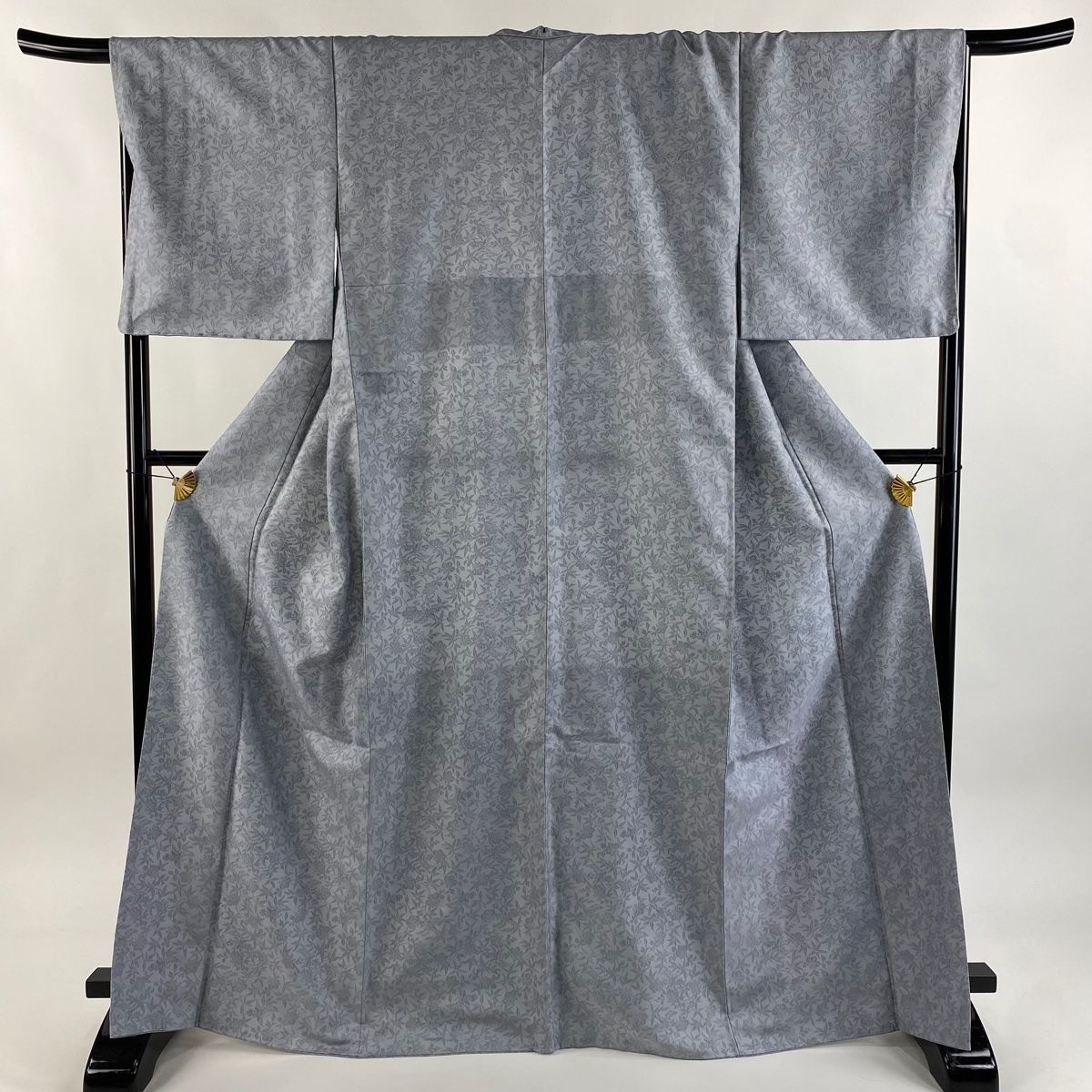 色無地 身丈167cm 裄丈67cm M 袷 地紋 花鳥 青灰色 正絹 一つ紋