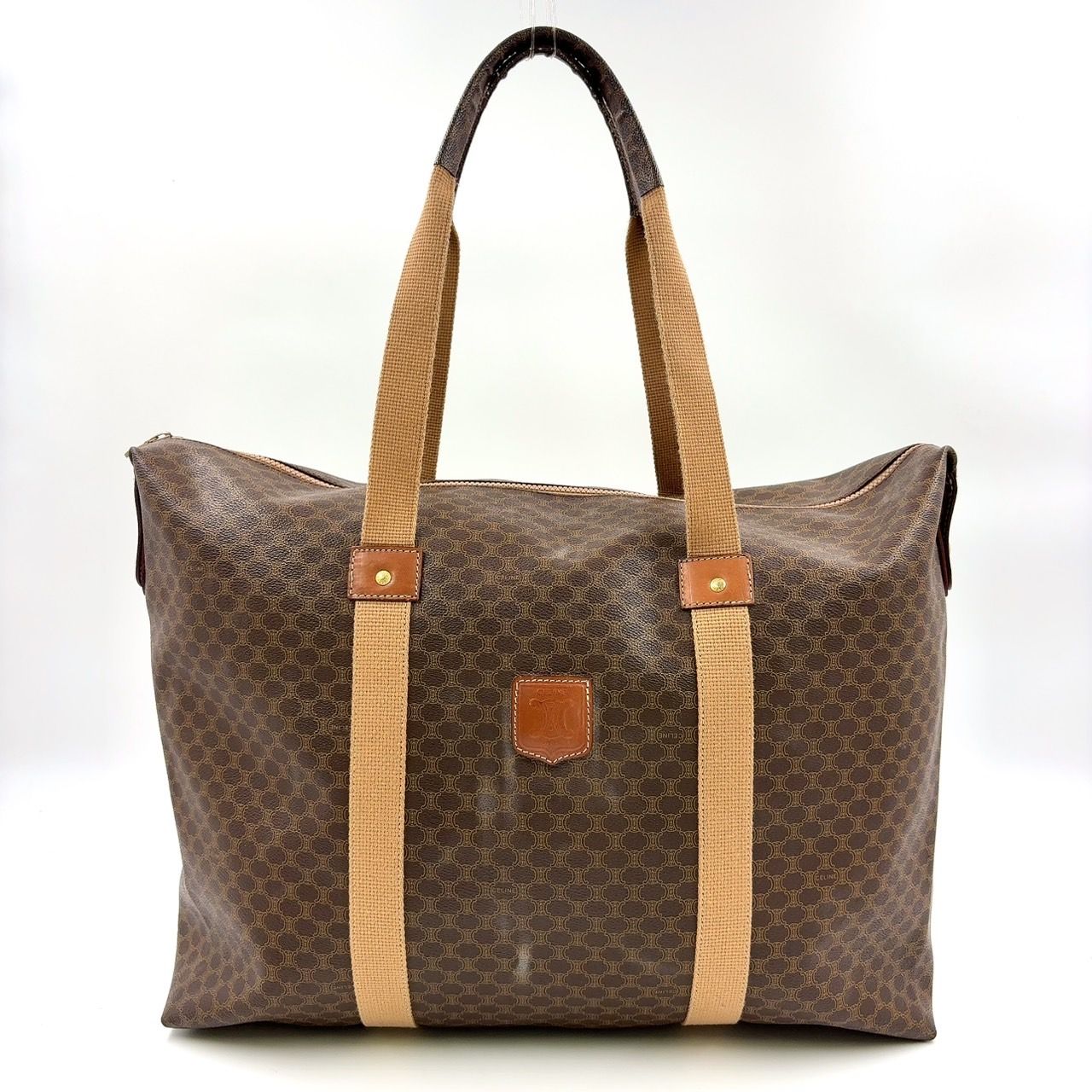 CELINE マカダム柄 レザー×PVC ブラウン ボストンバッグ ゴールド