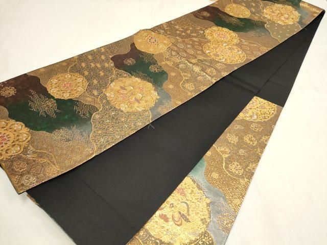 袋帯 丸に美しい花鳥 正倉院模様 金彩 正絹 着物 RO-3249 袋帯 丸に美しい花鳥 正倉院模様 金彩 正絹 着物 RO-3249