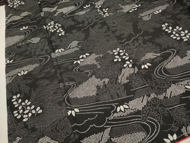 平和屋着物○上質な紬 葉文 黒地 正絹 逸品 AAAO0328ck