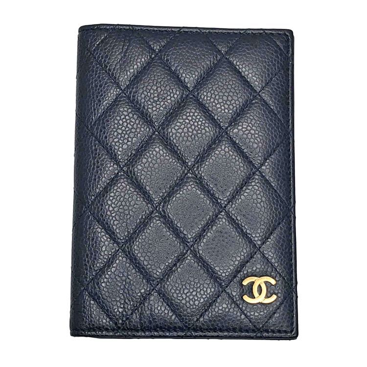 CHANEL シャネル マトラッセ パスポートケース キャビアスキン ココマーク ネイビー ゴールド金具 21番台
