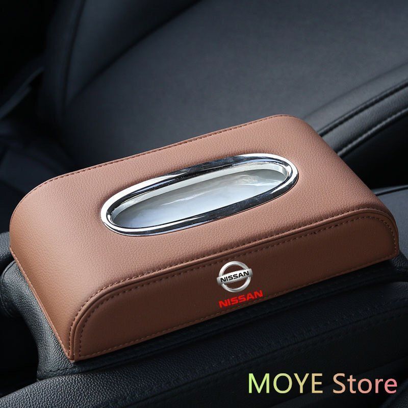 日産 NISSAN 車用ティッシュボックス　高級ティッシュケース 　車内収納ケース　磁石開閉 　カバー ロゴ入り　防水 ブラウン