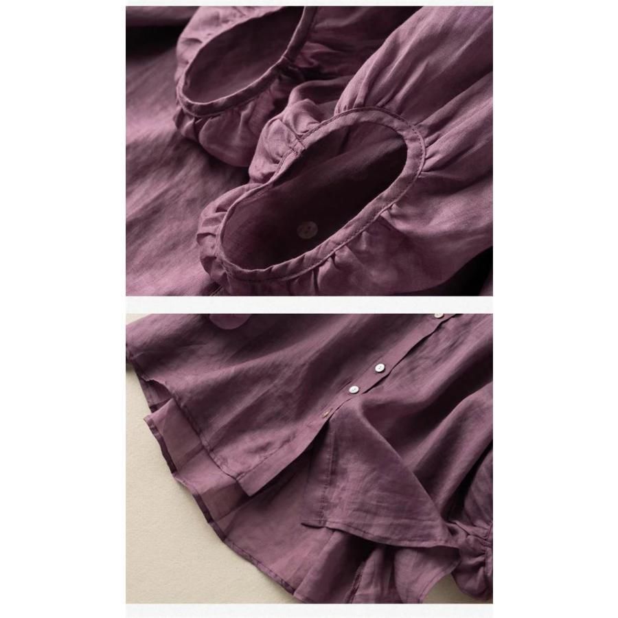 しゅ リネン シャツ ブラウス 7分袖 レディース 薄手 フレア ぽわん袖