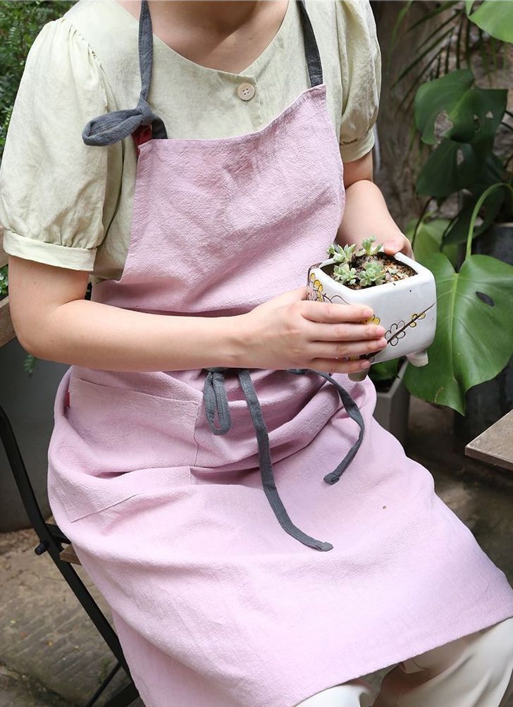 エプロン 大人 おしゃれ 細見え 生地やや厚手 萌黄色 料理教室 カフェ