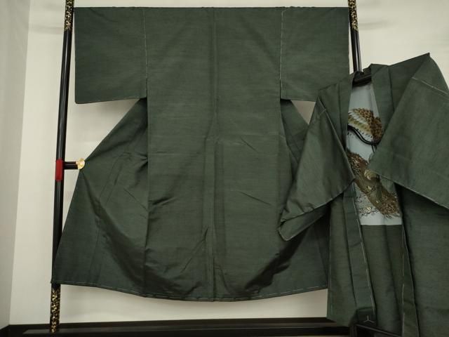 平和屋着物●男性　紬　アンサンブル　色無地　千歳緑色　正絹　逸品　AAAZ7161ck 平和屋着物○男性 紬 アンサンブル 色無地 千歳緑色 正絹 逸品