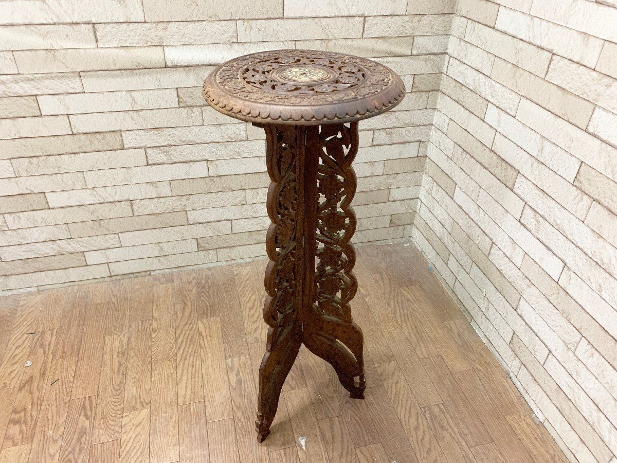 ◆インド製 木彫り サイドテーブル コンソール 花台 飾り台 折り畳み 木製 透かし彫り 机 アンティーク 木工工芸品 畑1076