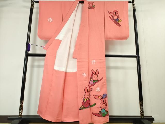 平和屋本店■極上　訪問着　作家物　松下喜暁　手描き　兎　うさぎ　スキー　真朱色地　逸品　未使用　DZAA4441kh5 平和屋本店□極上 訪問着 作家物 松下喜暁 手描き 兎 うさぎ スキー 真