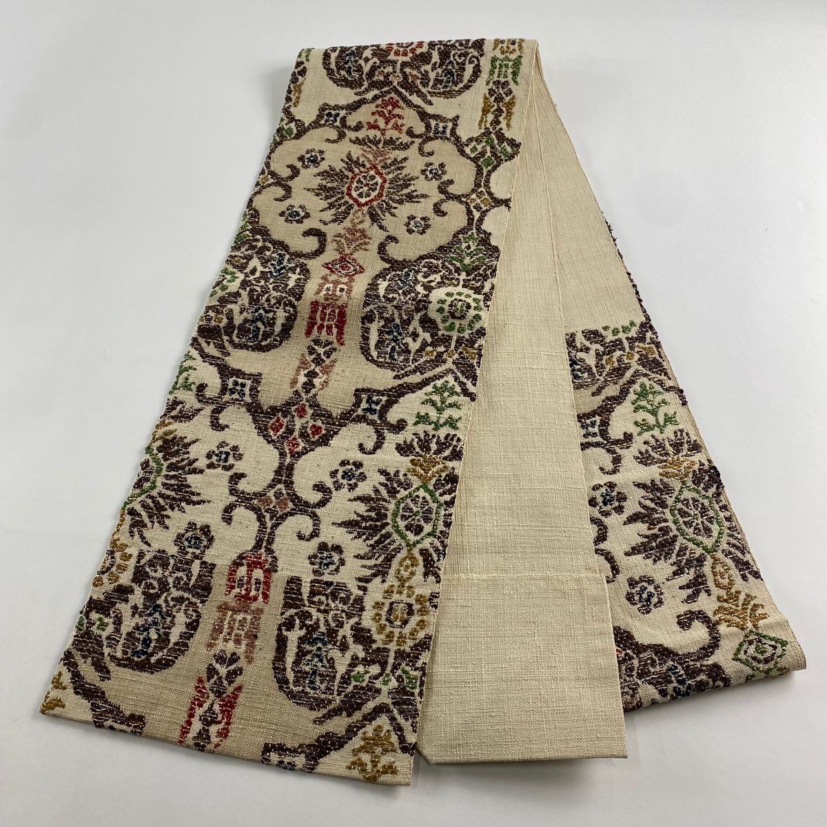 H-587 名古屋帯 松葉仕立て 化繊 八寸 カジュアル 刺繍 華模様 名古屋帯 秀品 八寸名古屋帯 松葉仕立て 段縞 菱 青灰色 正絹