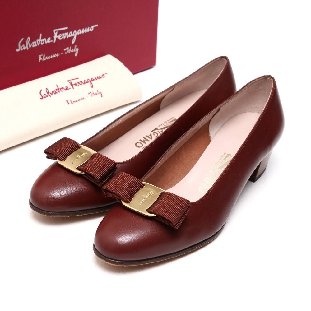 Salvatore Ferragamo サルヴァトーレフェラガモ VARA ヴァラ パンプス サイズ6C ヴァラリボン レザー チャンキーヒール 靴 イタリア製 ブランド古着 20250512|RA4633