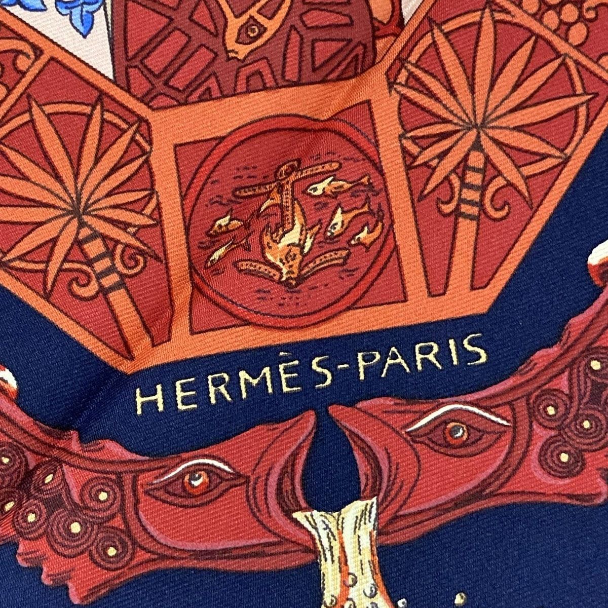 HERMES エルメス スカーフ カレ90 レッド×マルチ MARENOSTRUM 魚