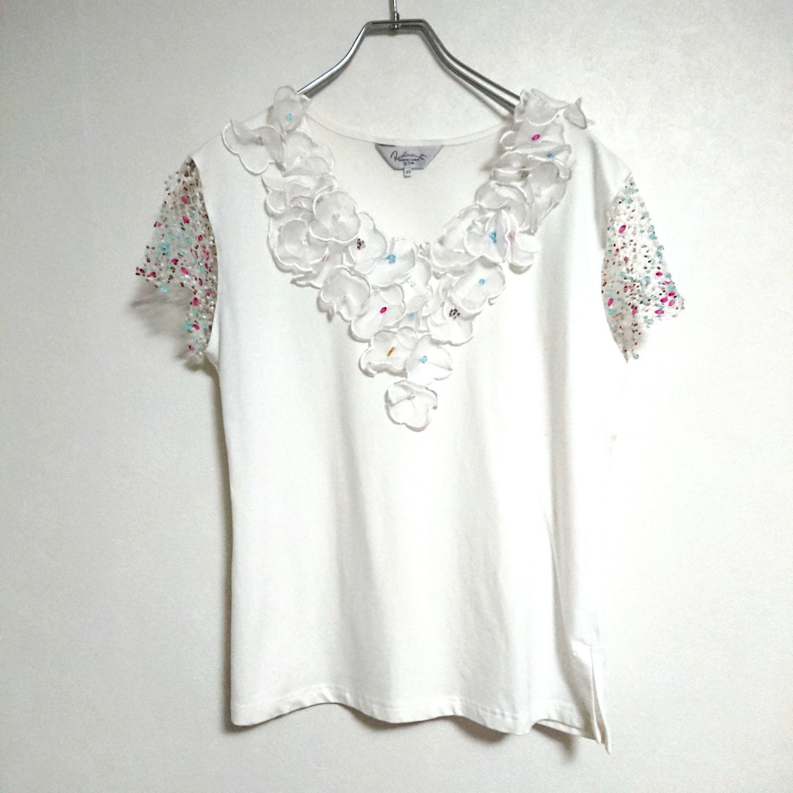 Vintage ヴィンテージ 花柄刺繍 ビーズ Tシャツ - メルカリ