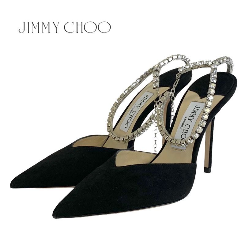 未使用 ジミーチュウ JIMMY CHOO SAEDA 100 パンプス サンダル 靴 シューズ ビジュー アンクルストラップ スエード ブラック -  メルカリ