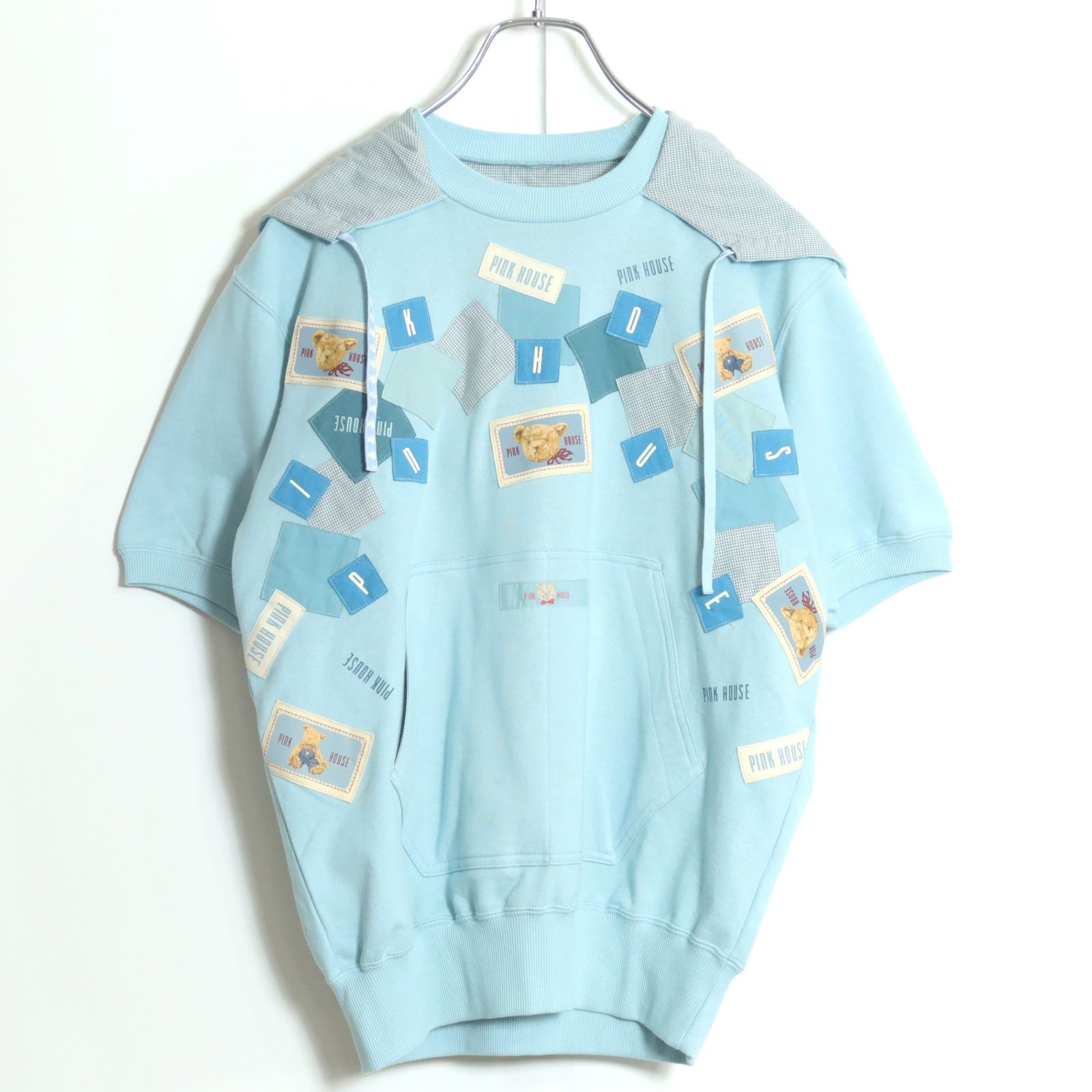 ピンクハウス★半袖トレーナー スウェット フード付き サイズM 水色系 ワッペンいっぱい♪ギンガムチェック z12812 ピンクハウス☆半袖トレーナー スウェット フード付き サイズM