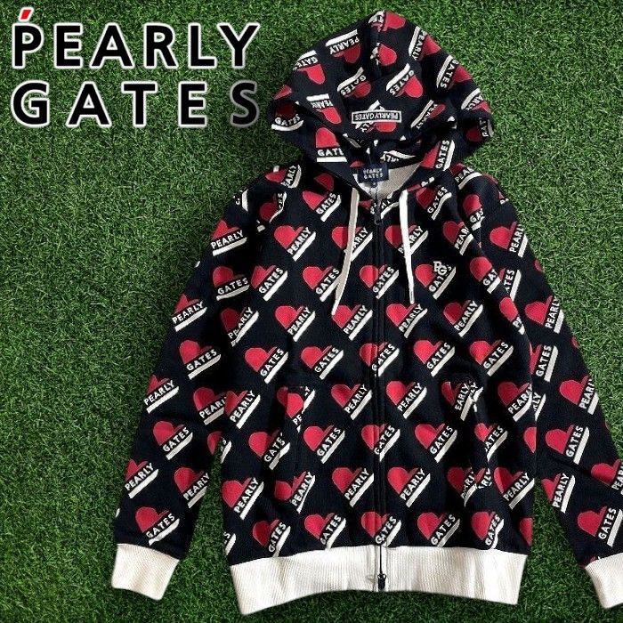 PEARLY GATES パーリーゲイツ ゴルフ コットン裏毛 スウェット トリコハート柄 フルジップ フーディ パーカー ジャケット ゴルフウェア レディース 055-2162314 定価3万 ブラック ホワイト レッド 0 ▲034 50214w06