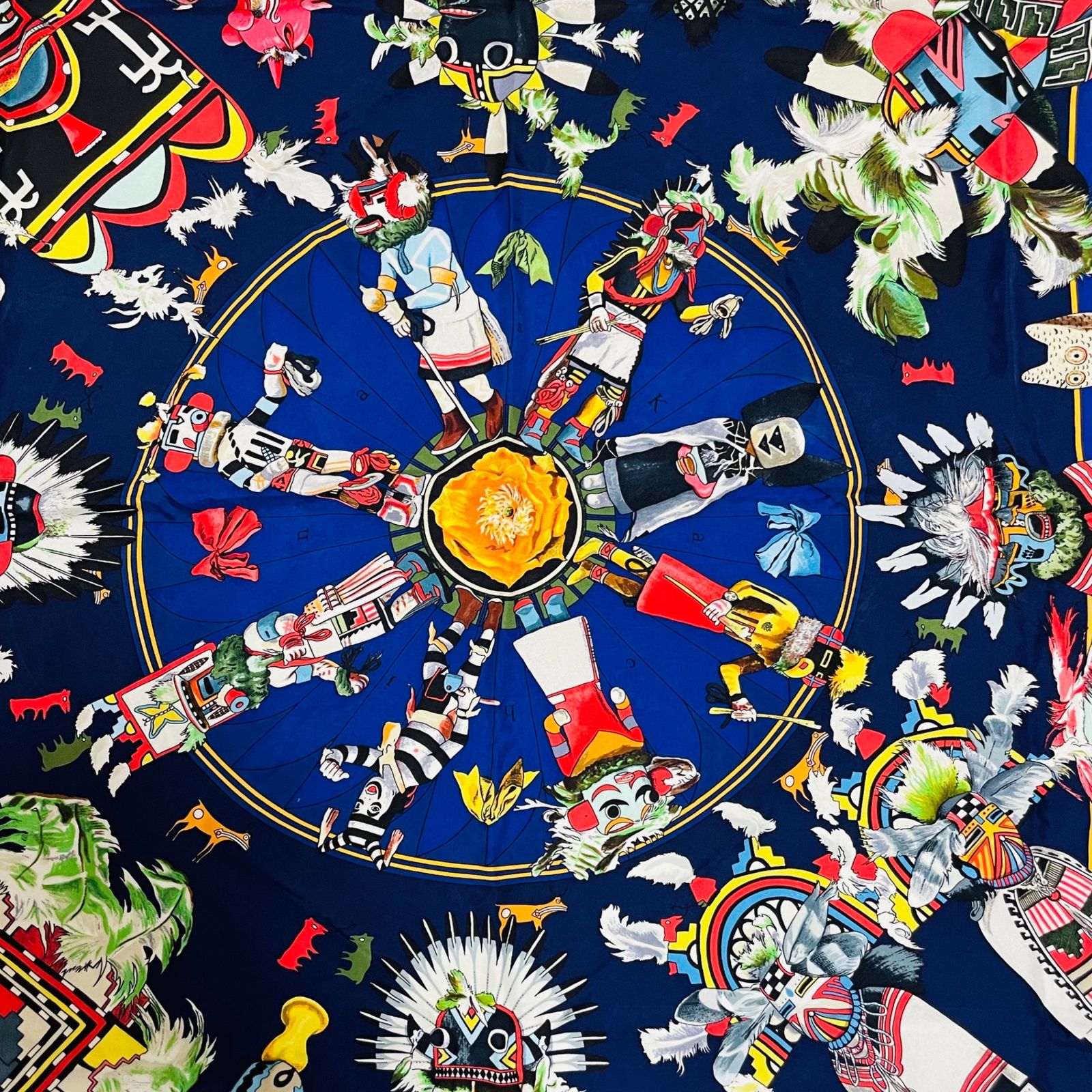 HERMES エルメス カレ90 Kachinas カチナ 民族 ブルー x マルチ
