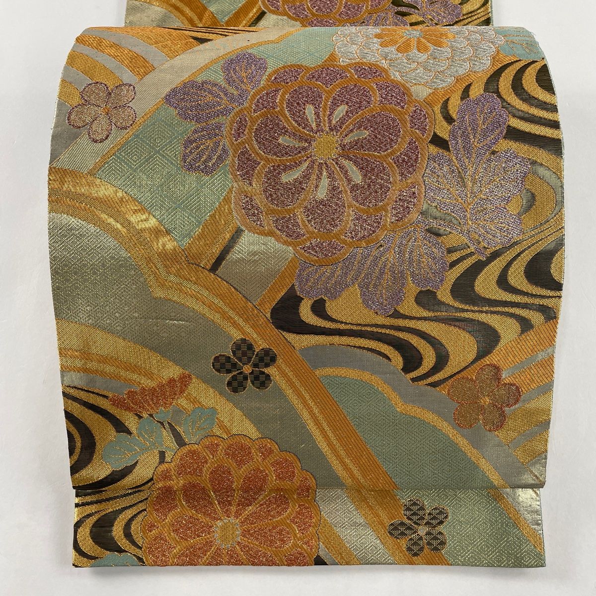 素晴らしい品質 袋帯 美品 秀品 花 流水 金銀糸 箔 金色 六通 正絹 【中古 着物・浴衣