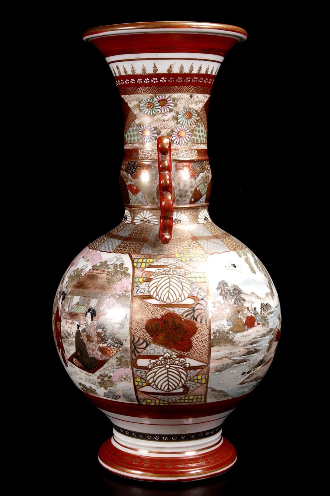 明治期 加賀國 九谷焼 赤絵楼閣山水文花瓶 36.5cm唐物 骨董 古