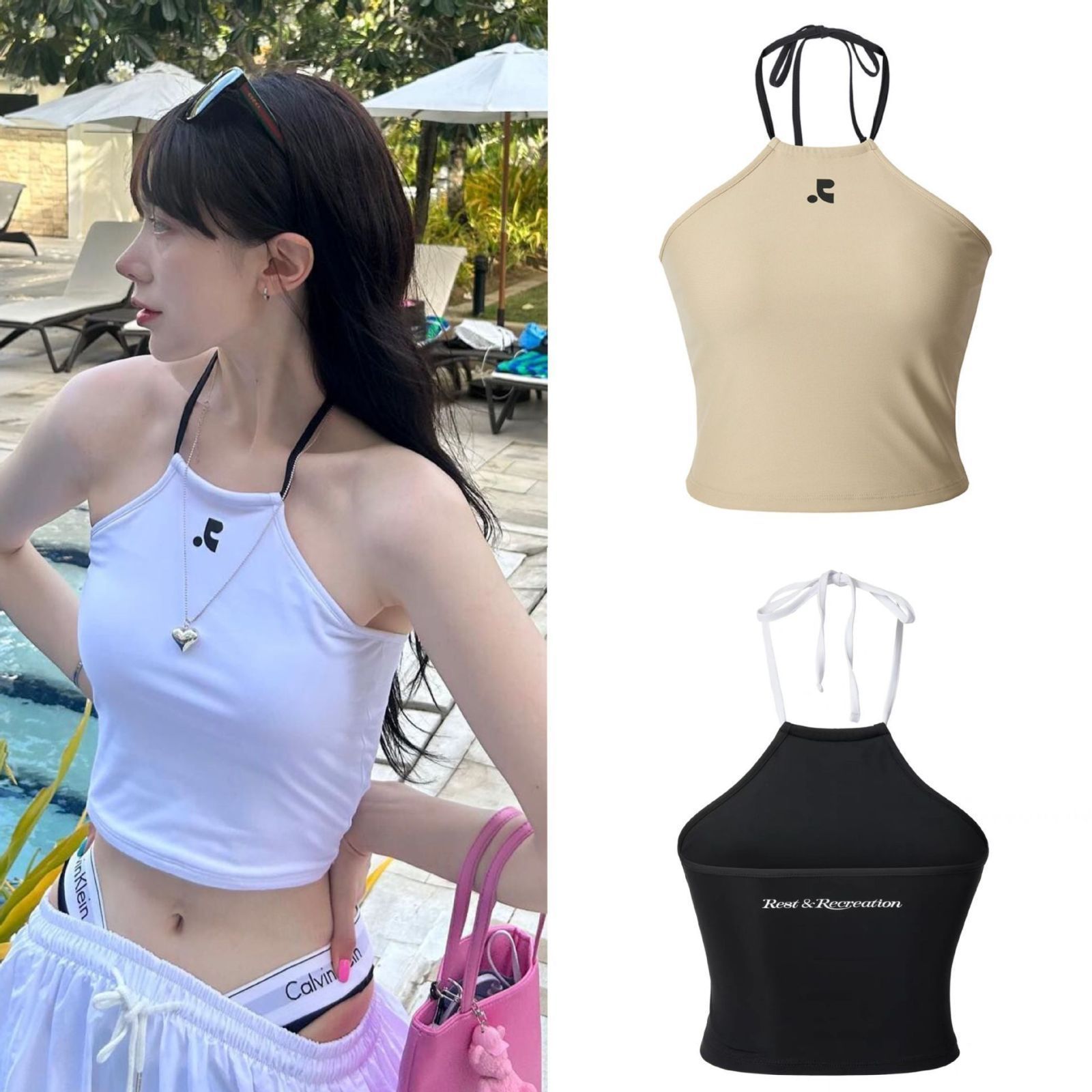 韓国人気 レストアンドレクリエーション Rest LOGO HALTER NECK TOP