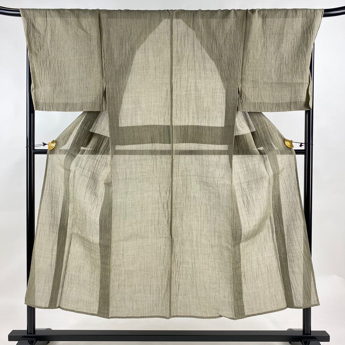 男着物 身丈147cm 裄丈72.5cm M 薄物 縦縞模様 灰緑 麻 名品