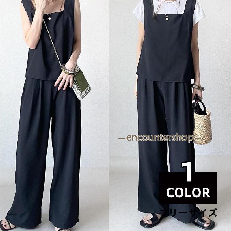 セットアップ レディース 夏 ワイドパンツ キャミソール ノースリーブ 薄手 ロングパンツ ガウチョパンツ ルームウェア 上下セット 可