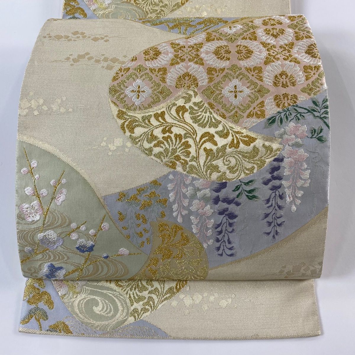 偉大な 袋帯 美品 秀品 関西仕立て 華文 松 金糸 刺繍 ベージュ 六通 着物・浴衣