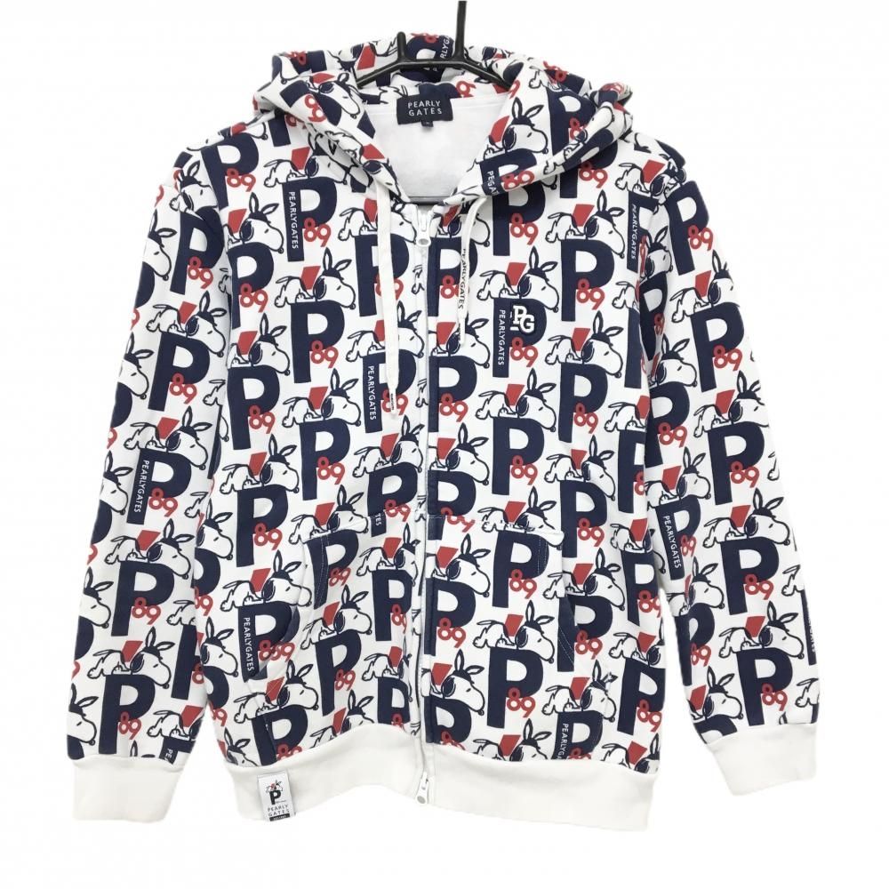 パーリーゲイツ×PEANUTS ジップパーカー 白×ネイビー スヌーピー総柄  