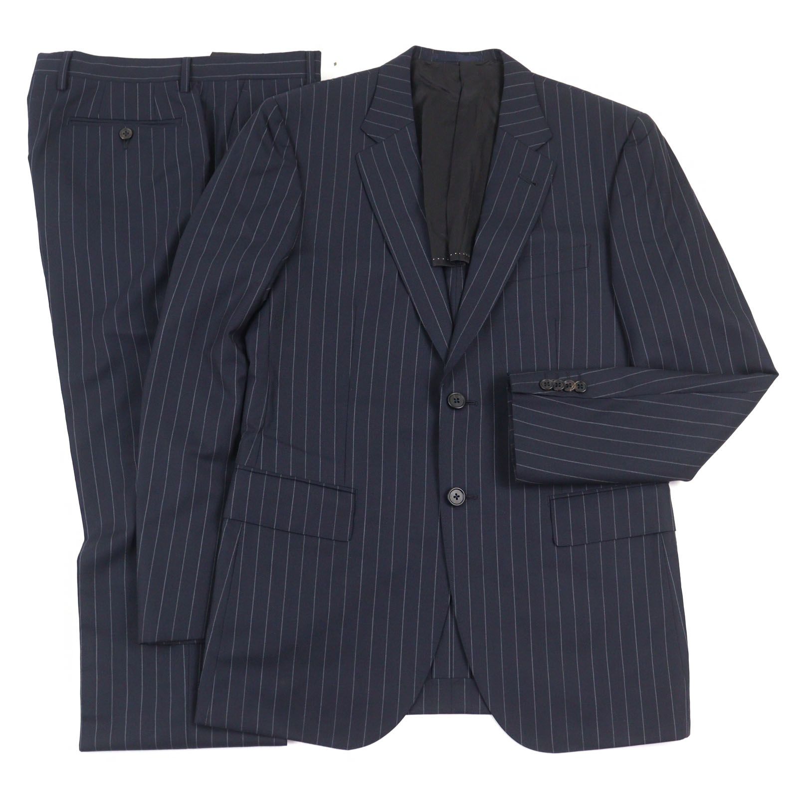 【ドンドン見直し】美品○Paul Smith LONDON ポールスミスロンドン PL-LN-58906 ウール100% ゼニア社製生地使用 シングル 2B スーツ ネイビー ストライプ柄 L 日本製 正規品 メンズ