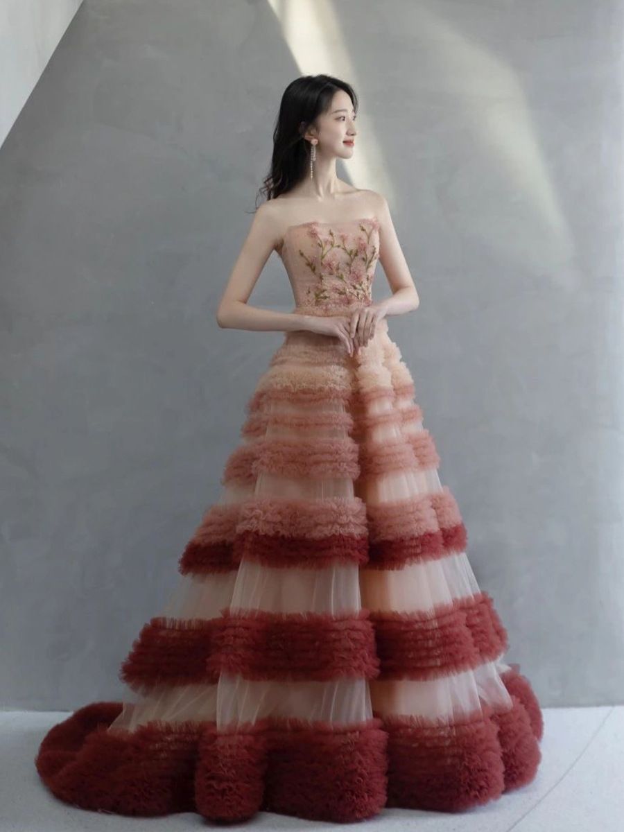 春夏 レディース ドレス グラデーション ピンク パーティー 結婚式 演奏会 華やか 披露宴 舞台用 ss