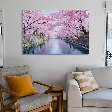 在庫処分】絵画 春には川沿いに咲く桜インテリア 絵画 美しい自然の