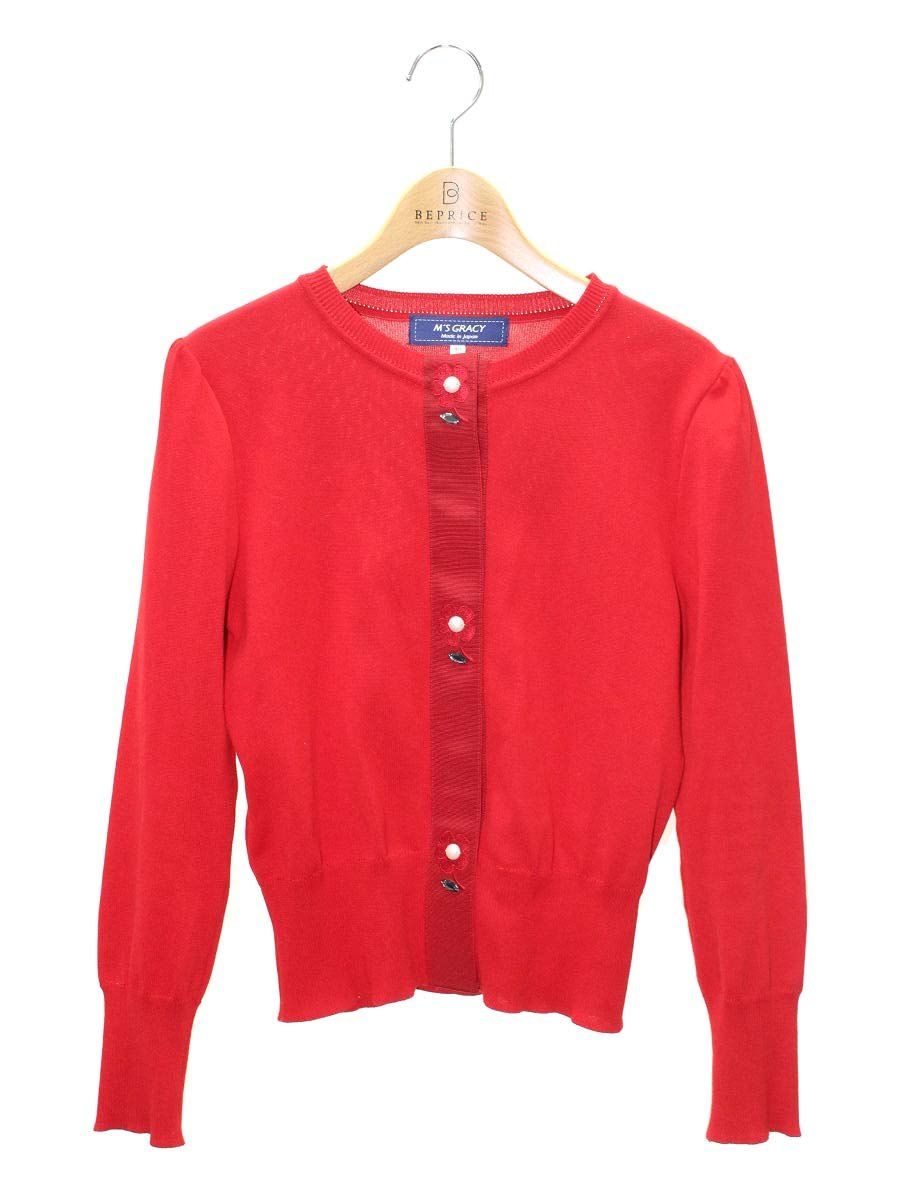エムズグレイシー 918515 カーディガン 40 レッド パール フラワー