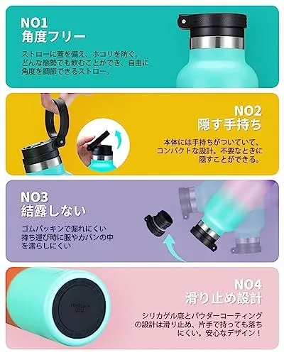 ホワイト＆ブラック BottHealth 保温 保冷 SUS316 ストロー 水筒 500ml