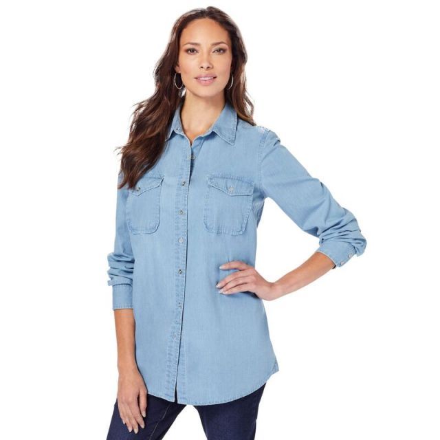 【送料無料】 ロアマンズ レディース シャツ トップス Roaman's Women's Plus Size Olivia Denim Big Shirt Light Wash
