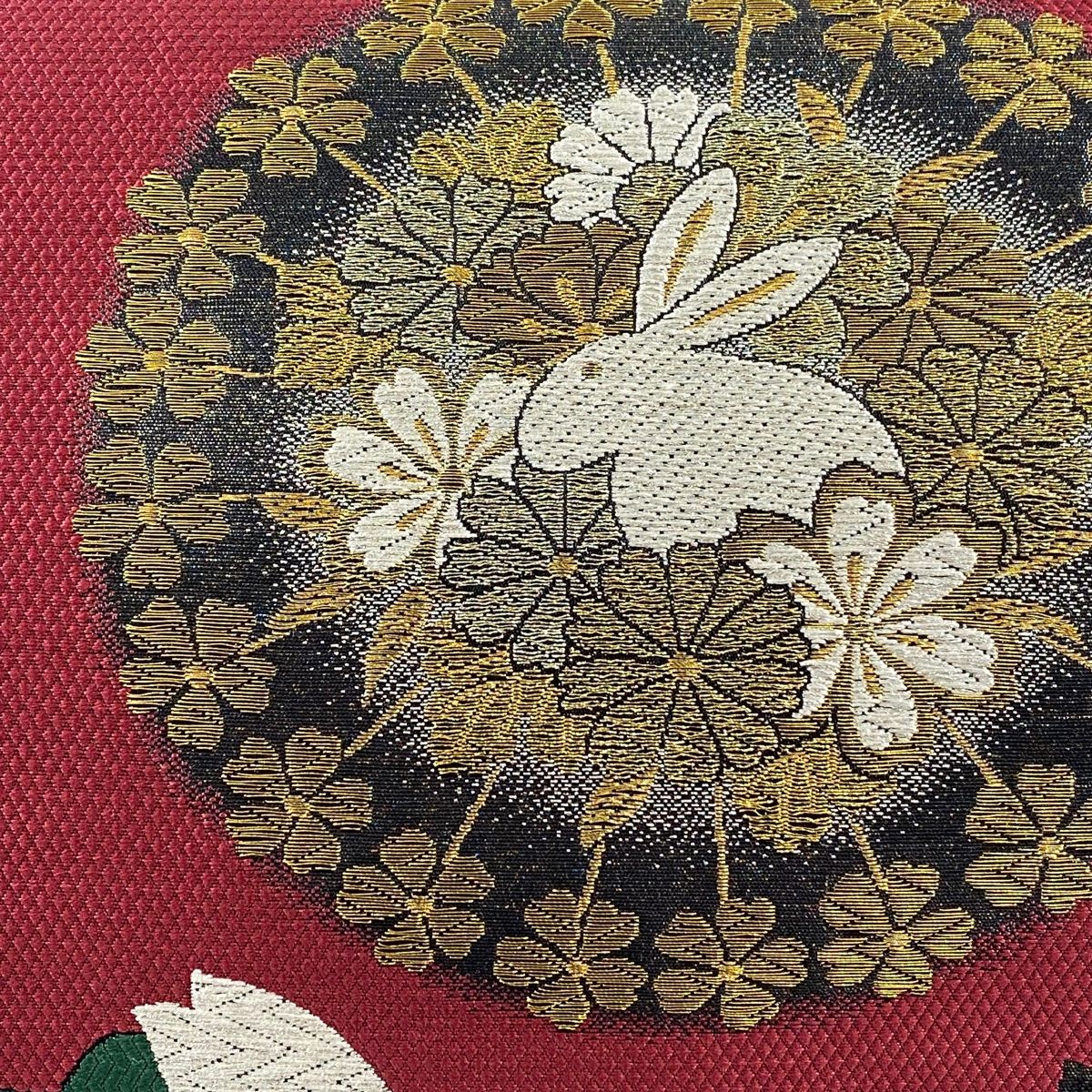 袋帯 美品 名品 桜 うさぎ 金銀糸 箔 黒 六通 正絹 【中古