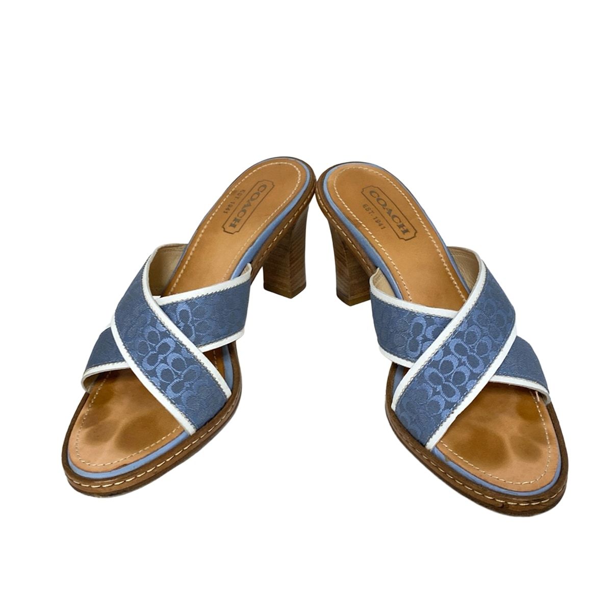 COACH コーチ ミュール 7 B レディース - ライトブルー×白 ミニシグネチャー柄 レザー