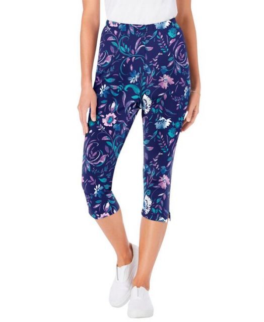 送料無料 ウーマン ウィズイン レディース レギンス ボトムス Women s Within Stretch-Cotton Knit Pull-On Printed Capri Leggings Navy multi florals
