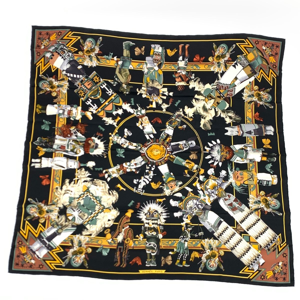 良好 HERMES エルメス カレ90 Kachinas スカーフ ブラック シルク100