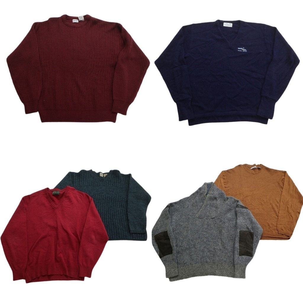 古着卸 まとめ売り 混紡素材無地ニット 6枚セット (メンズ XL ) パッチドニット ショールカラー Ｖネック ワンポイント 中古 古着 MX6437