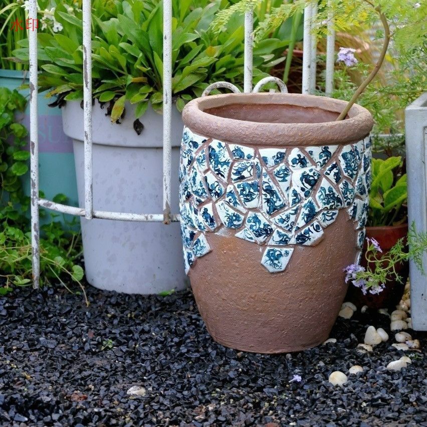 プランター 鉢植え ブルー ヴィンテージ調 ホワイト コントラスト 通気性 排水穴付き 酸化マグネシウム ガーデニング 雑貨 ガーデン雑貨 ガーデンインテリア ガーデン インテリア 庭の装飾 お洒落